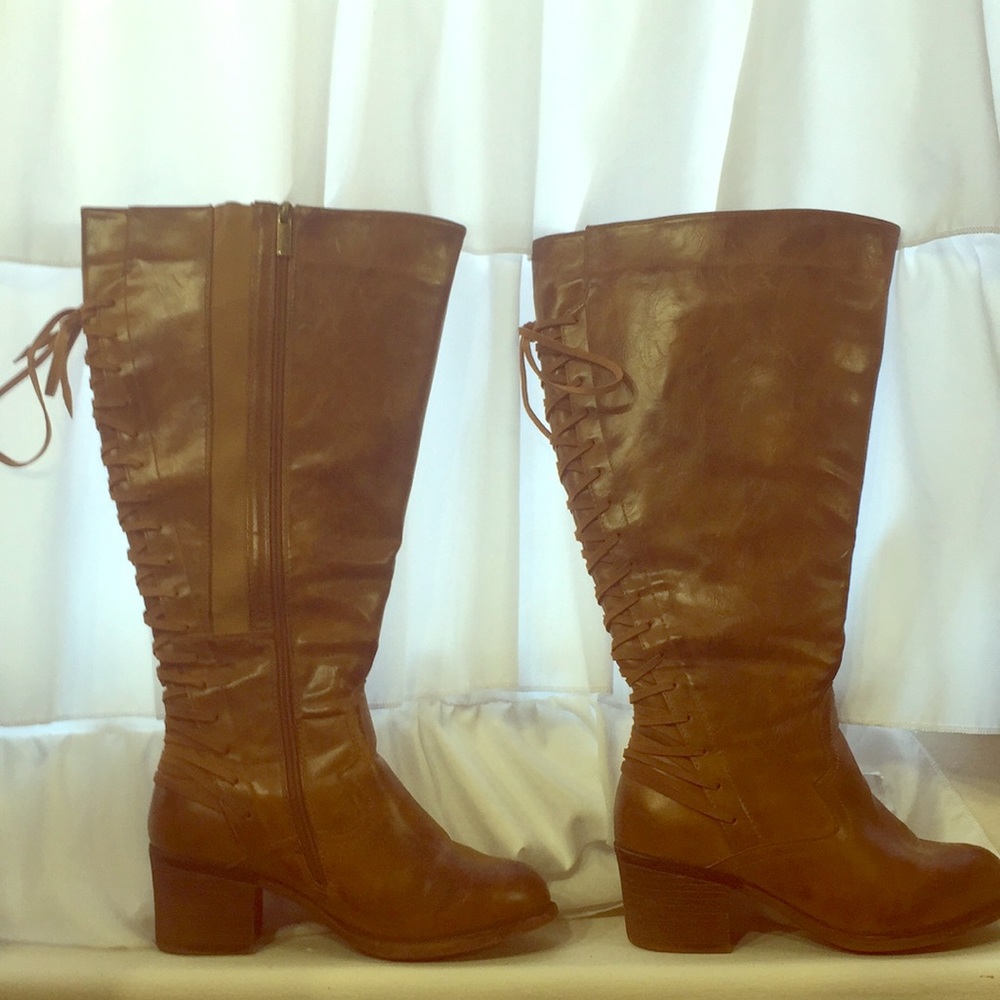 Beige Lace Back Distressed Knee High Boots